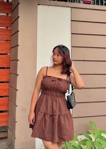 Newme Dark Brown Solid Tiered Dress