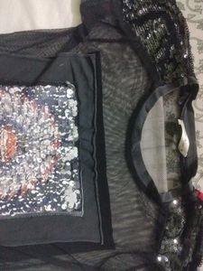 Black Mesh Goth Sequin Graphic Top