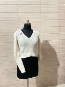 Sparkly White V-Neck Crop Sweater