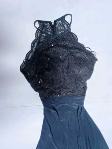 Elegant Black Lace Sequin Halter Dress