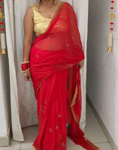 Vibrant Red Embroidered Saree
