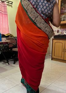Vibrant Orange &amp; Red Embroidered Saree🍑