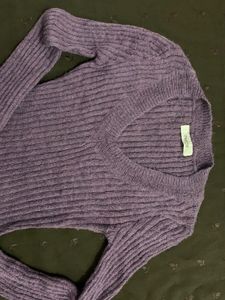 Purple Ribbed V-Neck Sweater