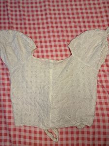 White Eyelet Tie-Front Puff Sleeve Top