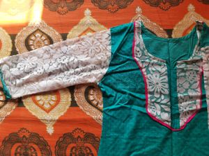 short kurta with white lace border and sleeves