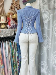 Blue Stripe Corset Back Shirt
