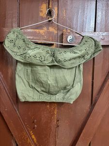 Olive Green Off-Shoulder Eyelet Top