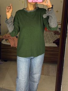 Green Ribbed Sweater with Ruffle Cuffs