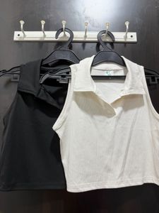 Ribbed Collared Sleeveless Crop Top