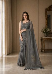 Elegant Grey Saree with Gold Motifs