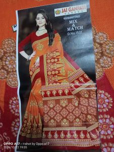 Vibrant Orange &amp; Red Cotton Saree