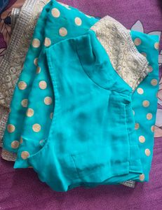 Beautiful Peacock Green with Gold Polka Dot Saree