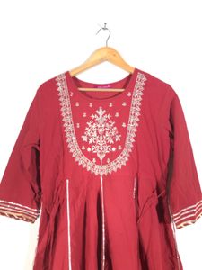 Dark Red Emboridered A-Line Kurta(Women’s)