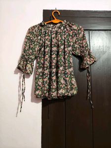 Floral Print Bardot Top with Tie Sleeves