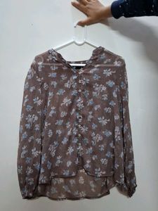 Sheer Floral Button-Up Blouse