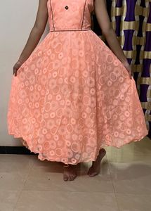 Peach Dress or Gown with Brown Overcoat