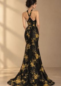 Elegant Black Floral Halter beaded Gown