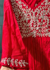 Red satin white sequience  A-line dress