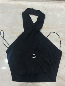 Black Textured Halter Neck Crop Top