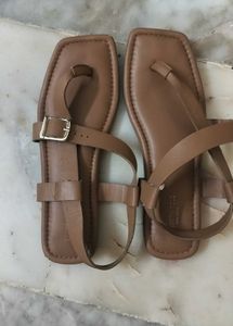 Brown Square Toe Flat Sandals