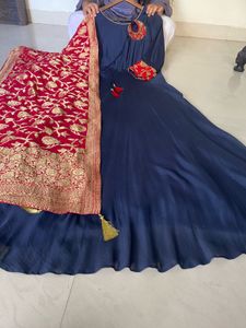 Elegant Navy Blue Gown with Brocade Dupatta