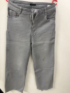 Grey Cropped Frayed Hem Jeans