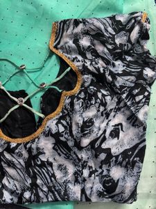 Beautiful Teal Saree with Polka Dots and Blouse