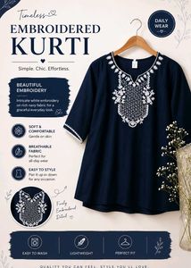 Navy Blue short Kurti with White Embroidery