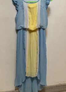 Light Blue &amp; Yellow Pleated Midi Dress