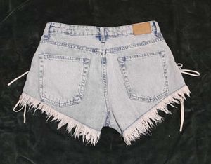Bershka Light Blue Lace-Up Denim Shorts