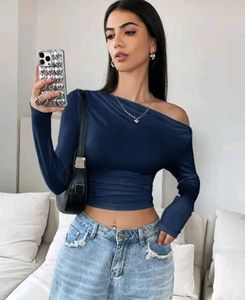 Navy Blue Off-Shoulder Crop Top