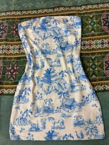 Blue Toile Print Tube Dress