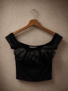 Black Off-Shoulder Tulle Ruffle Top