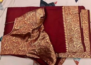 Maroon Saree with Gold Brocade Blouse