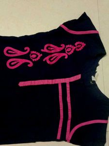Navy Blue Top with Pink Paisley Embroidery