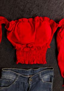 Red Off-Shoulder Crop Top with Puff Sleeves