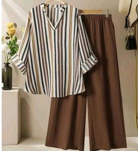 Striped V-Neck Top & Wide-Leg Pants Set