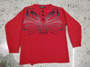 Red Graphic Print Button-Up Sweater