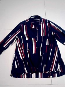 Navy/ Multicolour Mandarin Collar High -low Top