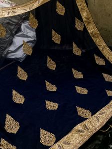 Elegant Navy & Gold Embroidered Saree - Discount
