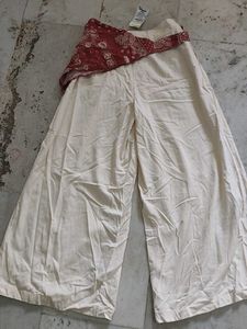 Cream Wide Leg Pants with Red Scarf Belt