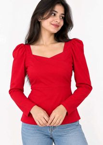 Chic Red Sweetheart Neck Puff Sleeve Top