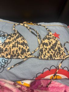 Leopard Print Smocked Bikini Top