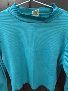 Teal Ribbed Mock Neck Cropped Top