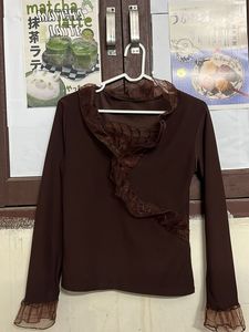 Brown Ruffle Trim Long Sleeve Top