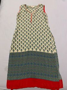 Cream & Blue Printed Sleeveless Kurta