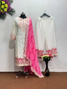 Elegant White Kurta Set with Pink Embroidery