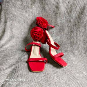 N. Red Rose Embellished Block Heels