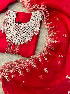 Stunning Red Kurta Set with Intricate Lace