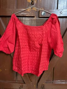 Red Eyelet Puff Sleeve Top
